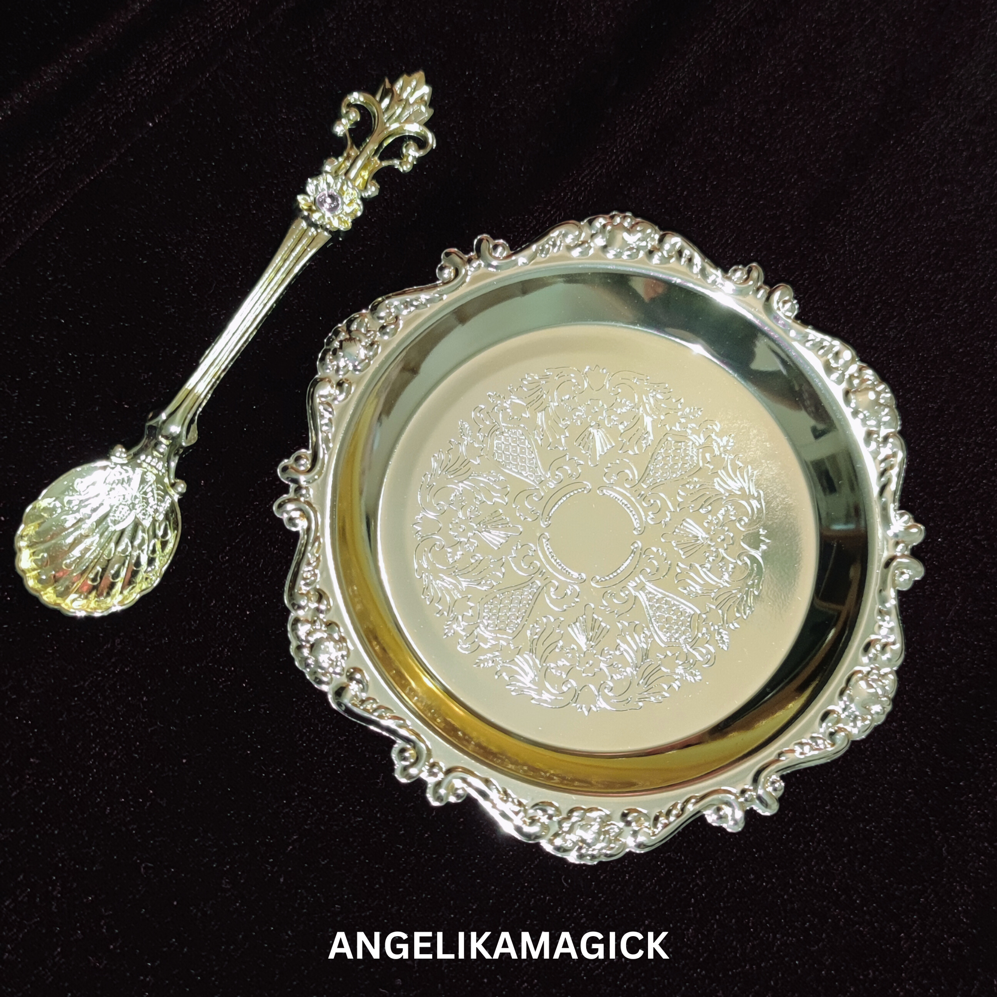 Enchanted Golden Plate/Candle Holder with 3 Functionalities: Cleansing, 3x Boosting Candle, 3x Boosting Offerings - Beautiful Teaspoon Included!