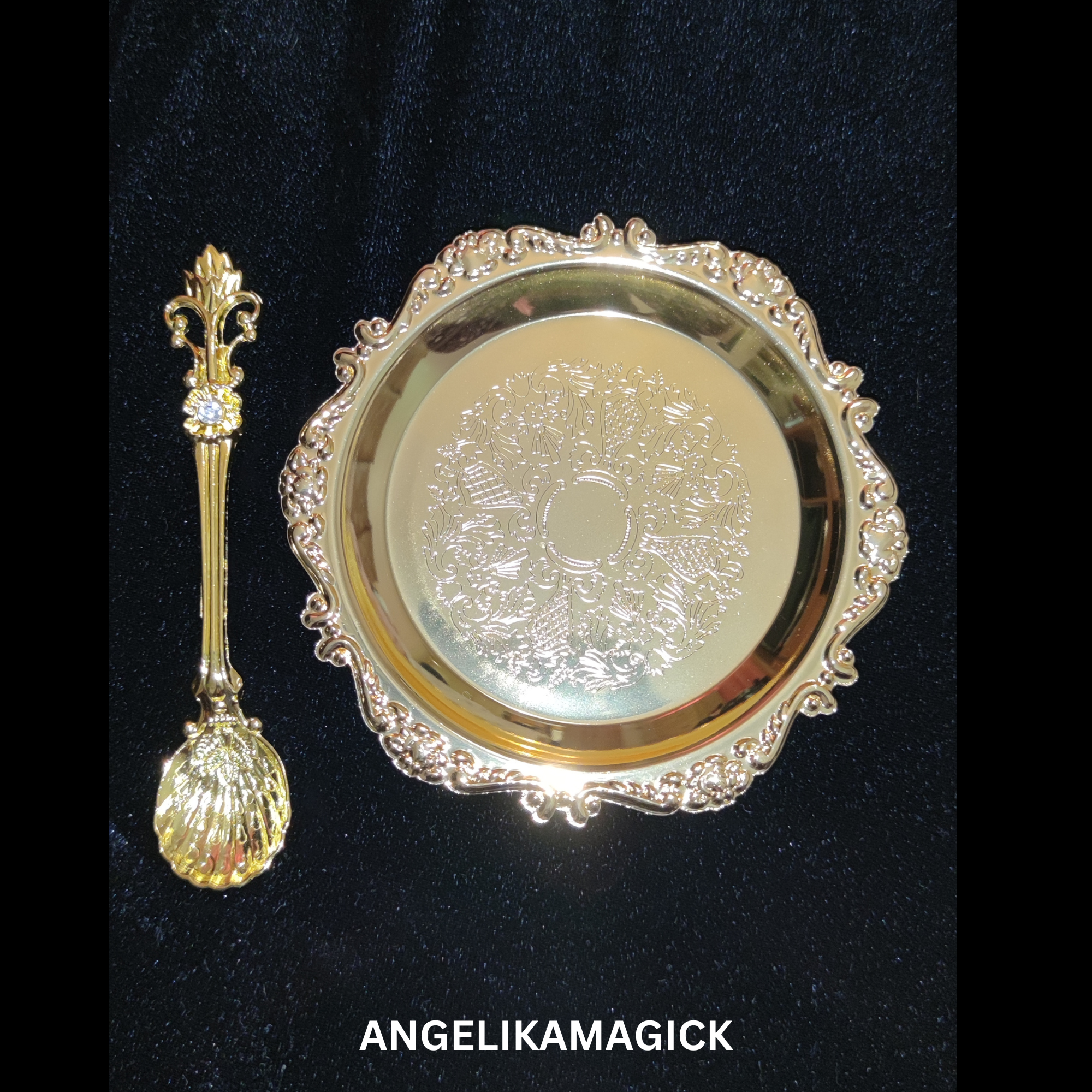 Enchanted Golden Plate/Candle Holder with 3 Functionalities: Cleansing, 3x Boosting Candle, 3x Boosting Offerings - Beautiful Teaspoon Included!