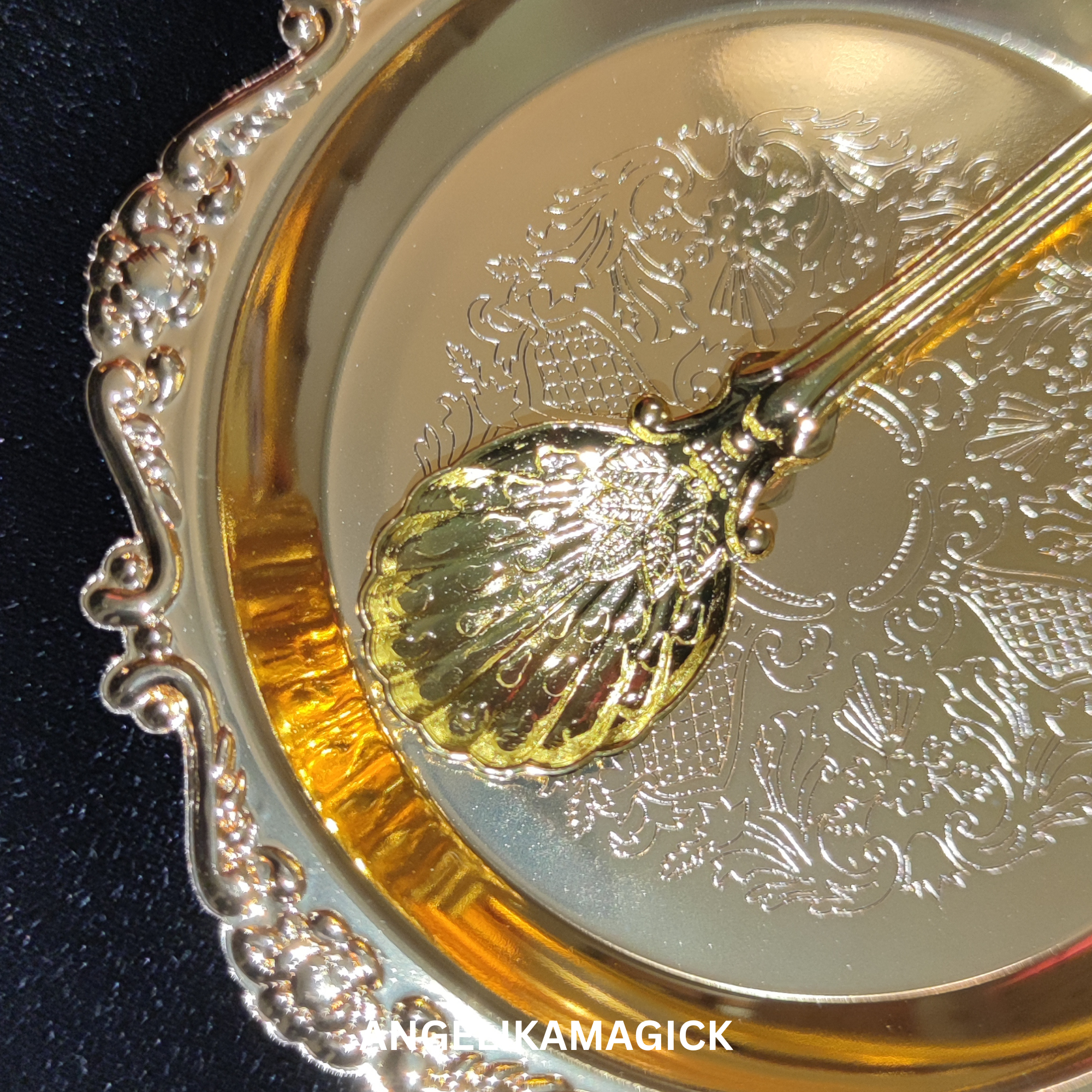 Enchanted Golden Plate/Candle Holder with 3 Functionalities: Cleansing, 3x Boosting Candle, 3x Boosting Offerings - Beautiful Teaspoon Included!